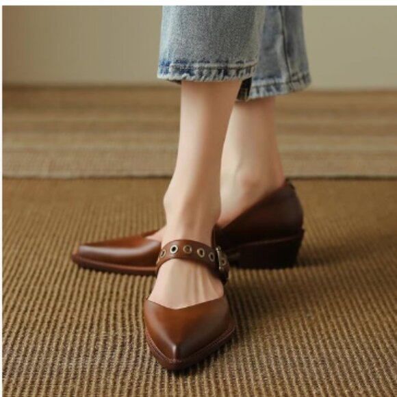 YDN Brown Ankle Strap Pointed Toe Mary Jane Chunky Heels Loafers Buckle Pumps - Picture 1 of 8